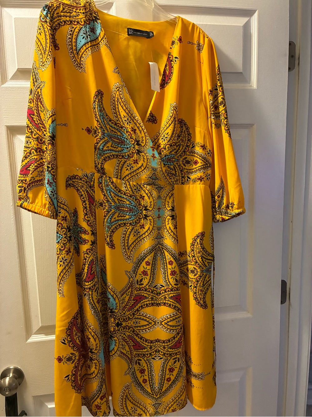NWT New York & Company Bright Yellow Paisley Trim Wrap Dress flowy sleeves - Picture 2 of 9
